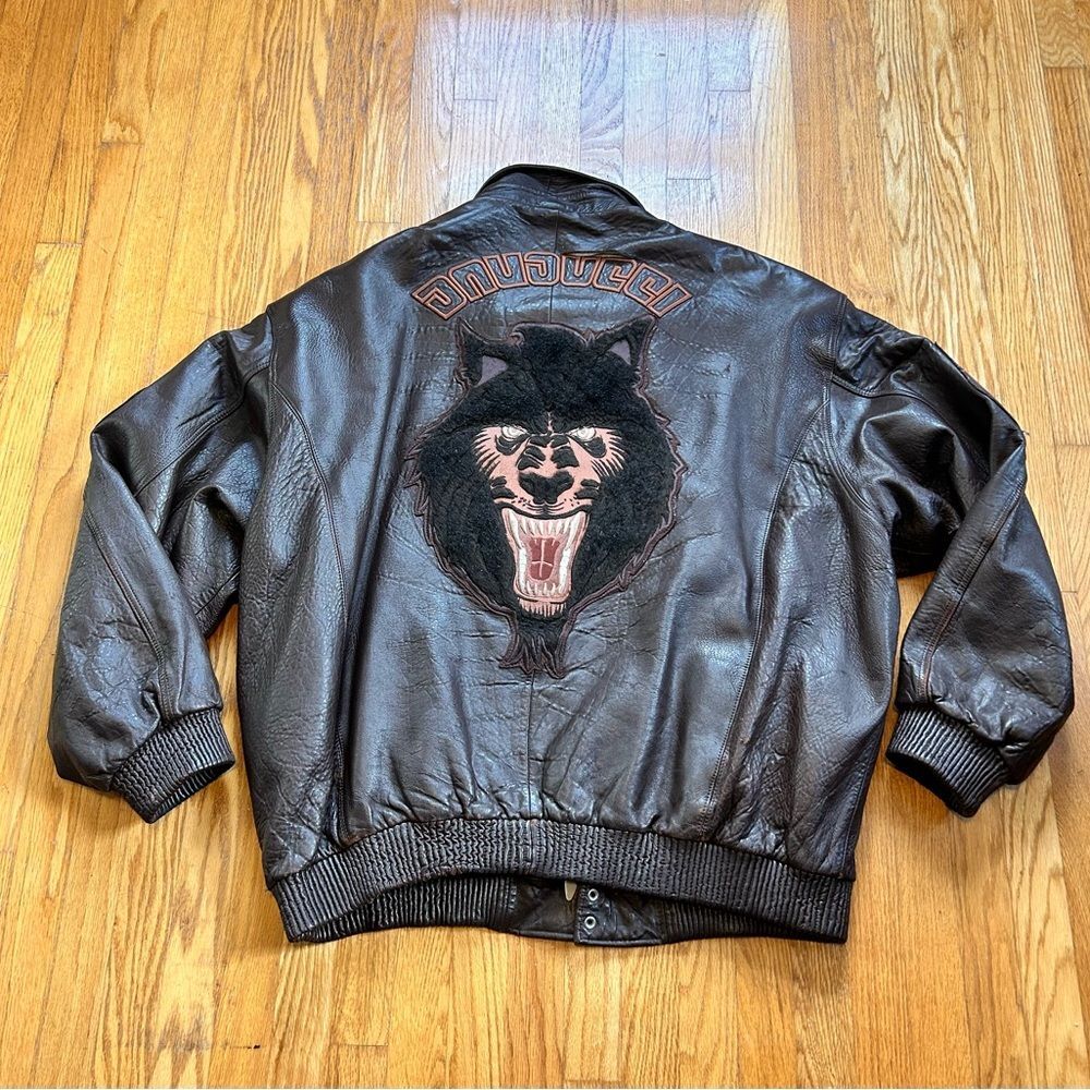 Vintage Davoucci Men’s Leather Bomber Jacket Hip Hop 90s Werewolf Brown Zip